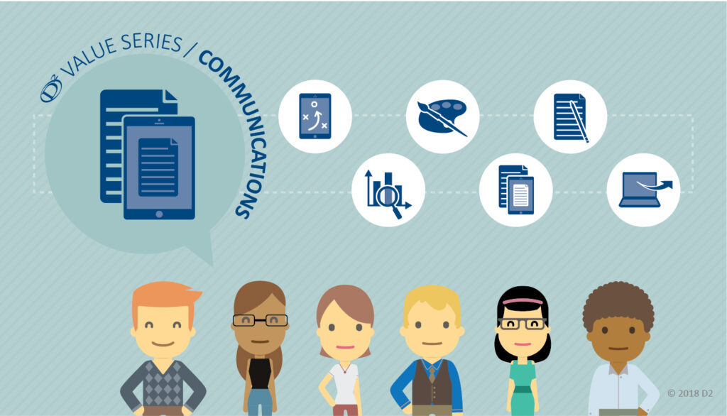 Illustration of a 6-part value series on communications with icons representing various aspects