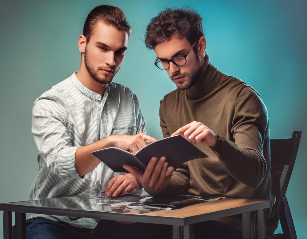 Two men looking at a document