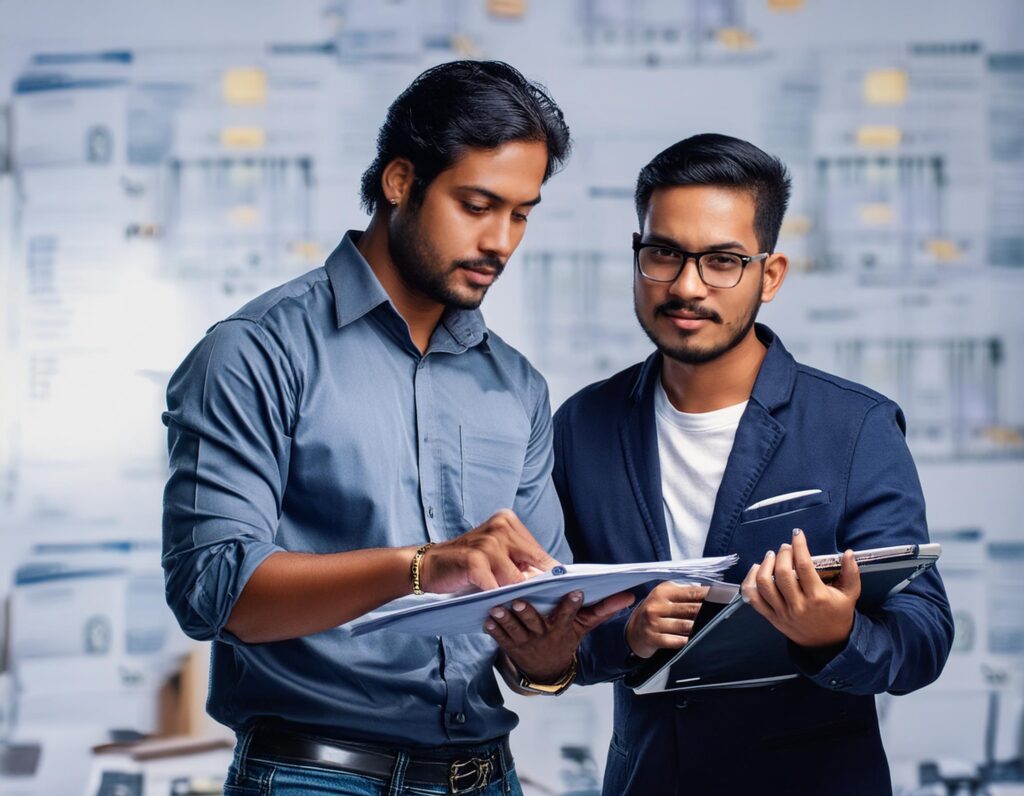 Two men editing a document.