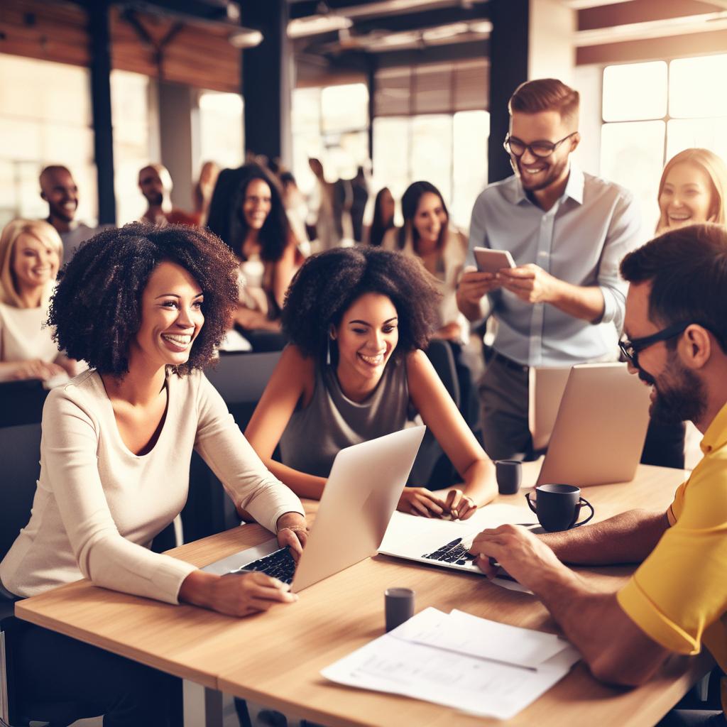 Group of smiling people looking at electronic devices