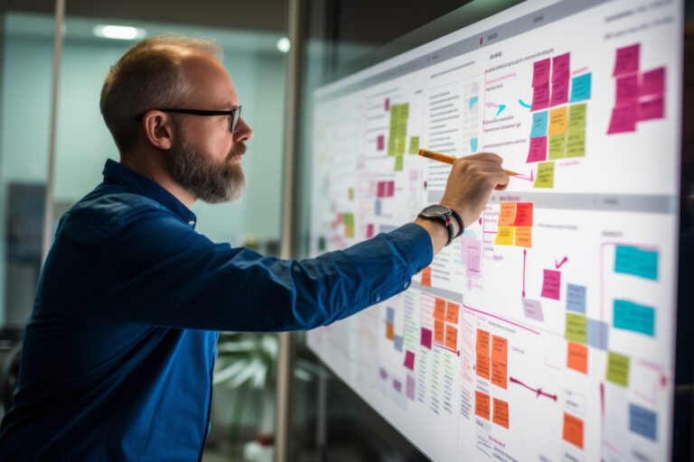 A man stands at a digital bulletin board filled with notes.