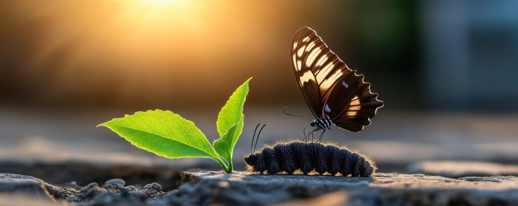 A butterfly hovers over a green leaf while a caterpillar rests on the ground during sunset.